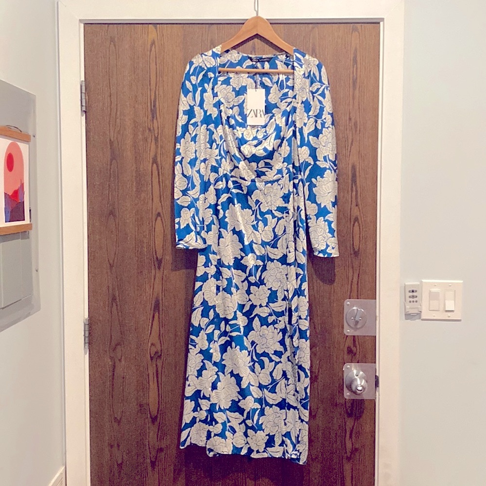 Zara Square Neck Blue Floral Midi Dress